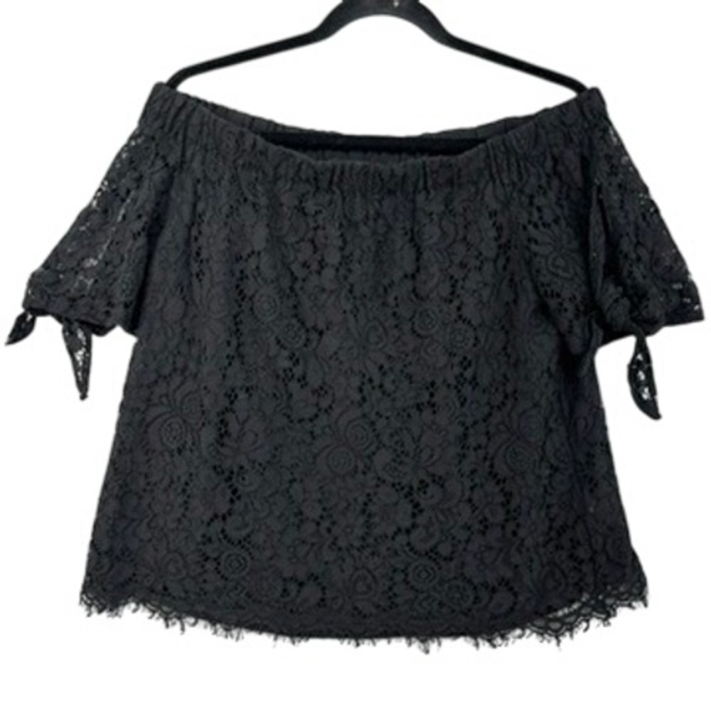 Miami Black Off The Shoulder Floral Lace Tie Sleeve Blouse Top L Romantic Retro
